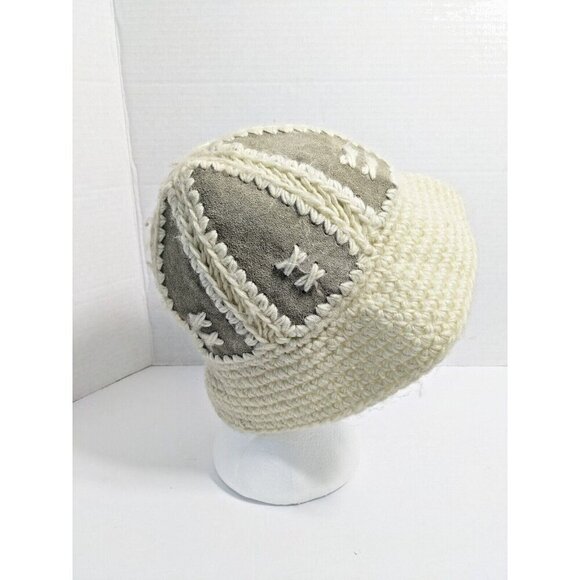 Vintage Fersten Bucket Hat Paneled Leather Acrylic Knit Taupe Cream OS Rare - Picture 4 of 6